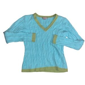 Neiman Marcus Womens Sweater Large Green  Cashmere Cable Knit V Neck Top Shirt